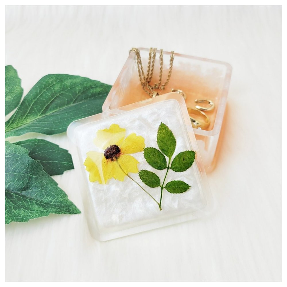Floral Trinket Box Small Square Jewelry Box Stash Box Yellow Orange White